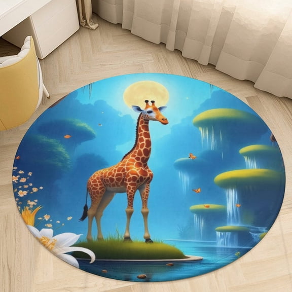 Giraffe in Fantasy Jungle Round Area Rugs for Bedroom Living Room, 3FT Soft Indoor Circle Carpets, Carpet Home Decor Floor Mat