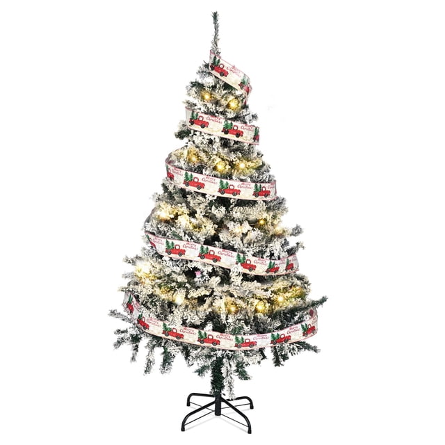 Yescom White Christmas Tree Artificial with Lights,5Ft Flocked Xmas Lighted Tree,518 Branch Tips