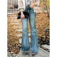 thumbnail image 3 of High-Waisted Flared Jeans, Apple Green Washed Jeans, Vintage Style. (US, Alpha, Small, Regular, Regular, Apple Green), 3 of 5