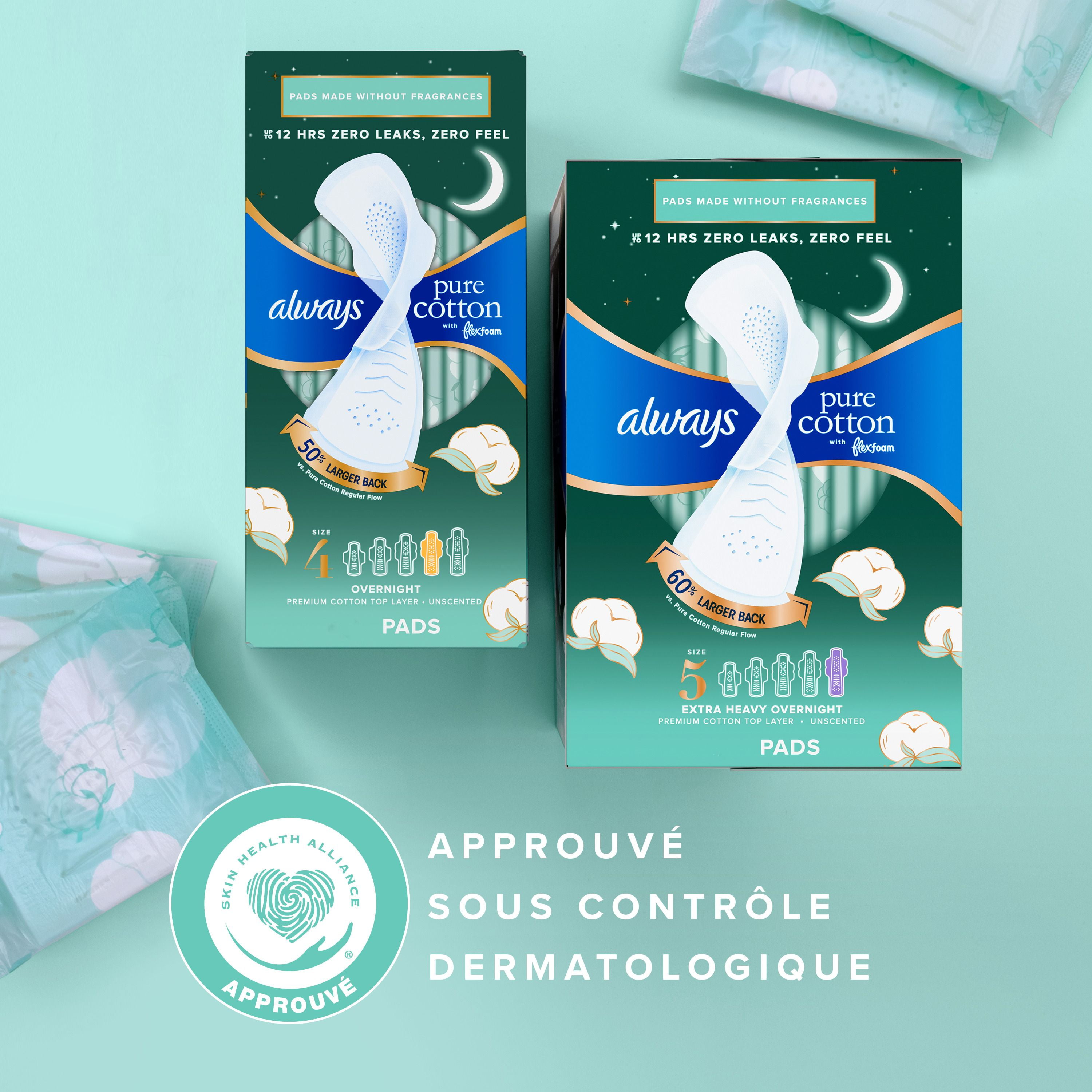 Serviettes Always Pur coton, de nuit, flux très abondant, avec ailes, pour femmes, taille 5, non parfumées 18CT