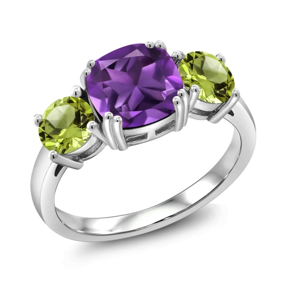 Gem Stone King 925 Sterling Silver Purple Amethyst and Green Peridot 3 Stone Engagement Ring for Women (3.20 Cttw, Gemstone February Birthstone, Cushion 8MM, Size 5)