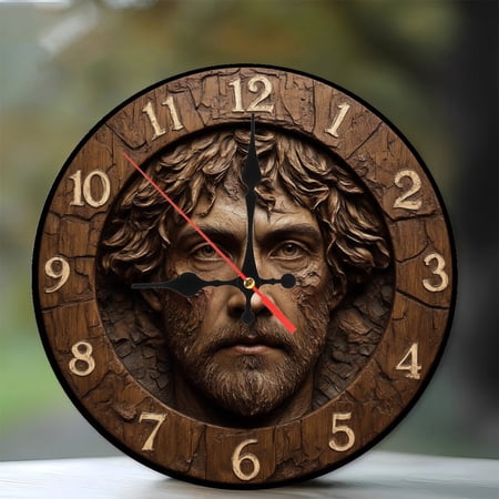 10-Inch Silent Wooden Wall Clock, Hand Carved Wall Clock Man Face Unique Home Decor Silent Non-Ticking Clock, Battery Operated (AA Batteries Not Included), Artistic Home Decor