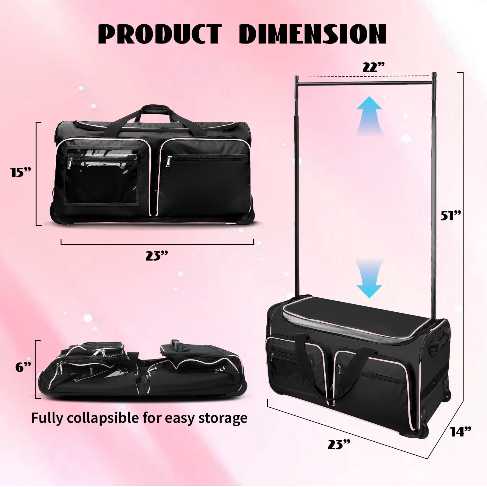 Fegat New Upgraded Dance Bag with Garment Rack,23" Lightweight Rolling Dance Duffel Bag Stable System Wheeled Costume Dance Bag for Dancers Shows Livestreamer Athletes