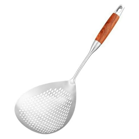Skimmer Slotted Spoon - 304 Stainless Steel Skimmer Spoon with Wooden Long Handle, 16 Inches Deep Fryer Scoop