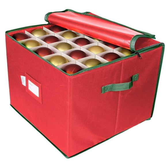 ProPik Large Christmas Ornament Storage Box, Organizer Holds Up to 75 Xmas Ornaments Balls, Holiday Decorations Accessories Storage Container with Dividers, Durable 600D Oxford (Red)