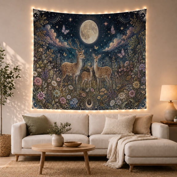 Deer Family in a Moonlit Wildflower Meadow, Dreamy Celestial for Wildlife Fans, Nature Inspired Decor, Housewarming Gift, Tapestry Wall Hanging for Bedroom and Living Room