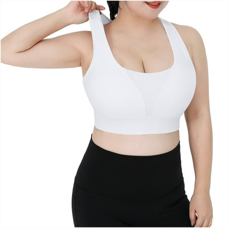 Ashirexll Womens Sports Bras Plus Size Breathable Quick-Drying Hollowed Out Full Coverage Shockproof Gathered Wirefree Bra White 3XL