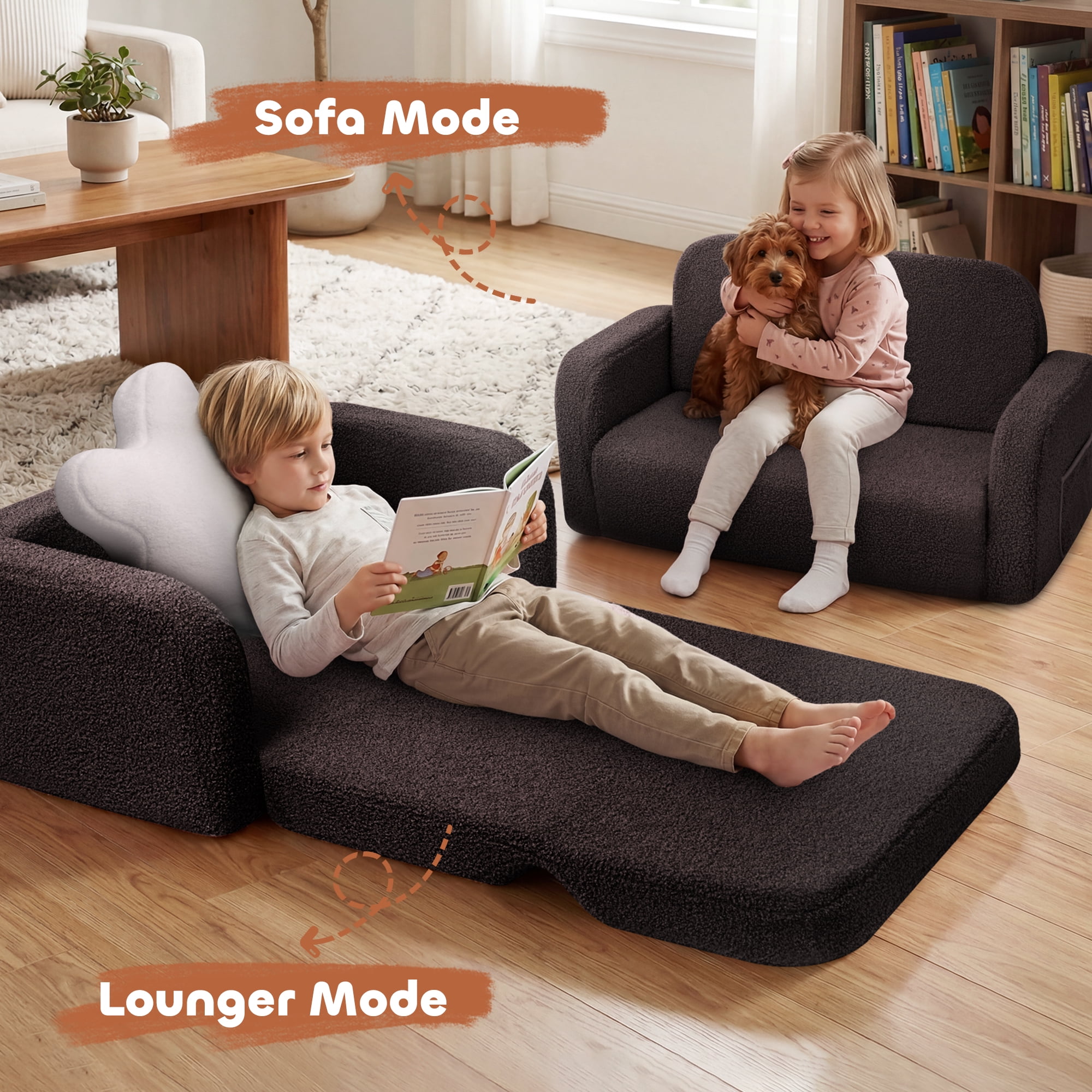 Babyeap Extra Wide Kids Chair,2-in-1 Convertible Toddler Chairs,Soft Comfy Kids Couch, Kids Sofa for Boys & Girls 3+,Brown