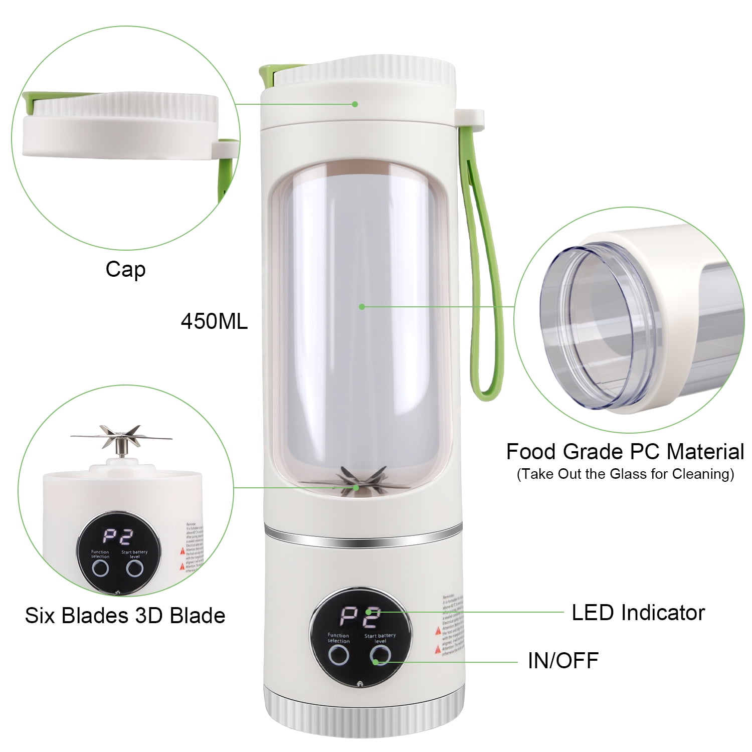 Portable Blender for Shakes and Smoothies,450mL HopePow Kitchen USB Rechargeable Shaker Juicer Blender 12 Sharp Stainless Steel Blades Cordless Personal Portable Small Blender for Smoothies,Kitchen