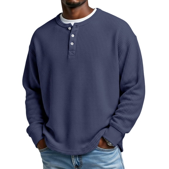 Long Sleeve Waffle Button Henley Pullover Sweatshirt for Men Mens Drop Shoulder Textured Jumper Tee Relaxed Fit Casual Top for Everyday Cool Weather