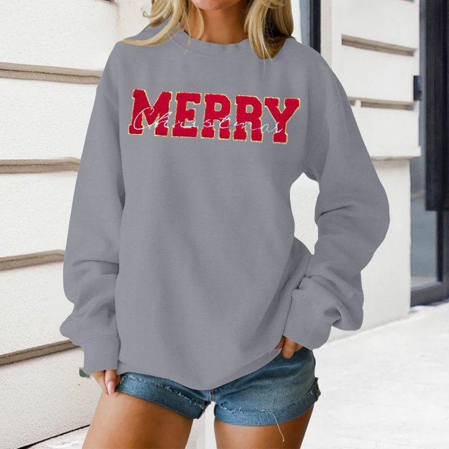 Chandails d'Automne pour Femmes Chic Joyeux Noël Chandails pour Femmes Joyeux et Chandail à Lettres Imprimées Chandails à Enfiler Hauts Décontractés Chandails à Col Rond