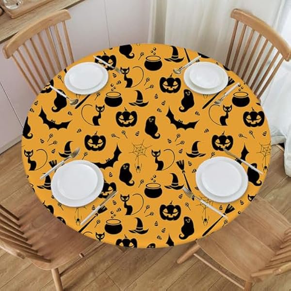 wonima02 Round Fitted Tablecloth Halloween Pattern Texture Background Elastic Edged Waterproof Wipeable Table Cover for Kitchen Dining Holiday Party, Fit for Diameter 42.2"-46.1" Round Table, Style197