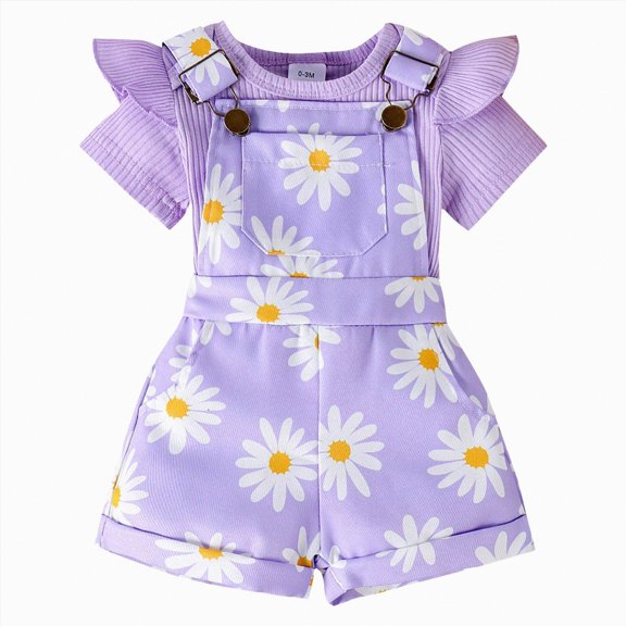 mgoYE Baby Girls Clothes 3 Months Newborn Baby Girl Clothes Summer Outfit Short Sleeve Ribbed Romper Floral Suspender Overalls Shorts Set(Purple,12-18 Months)