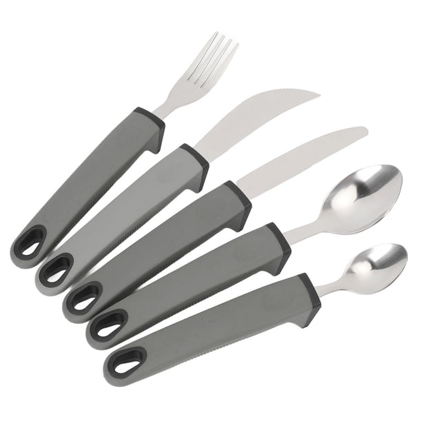 Adaptive Tableware Set, Stainless Steel 5pcs Anti Shake Adaptive Cutlery Set Wide Handle for Elderly Blue,Grey
