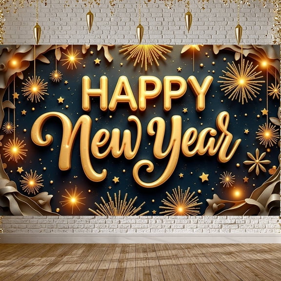Golden Lettering Happy New Year Banner Firework Design New Year Display Star Pattern Dark Blue Background Festive Backdrop for New Year Party Holiday Celebration Indoor Decoration