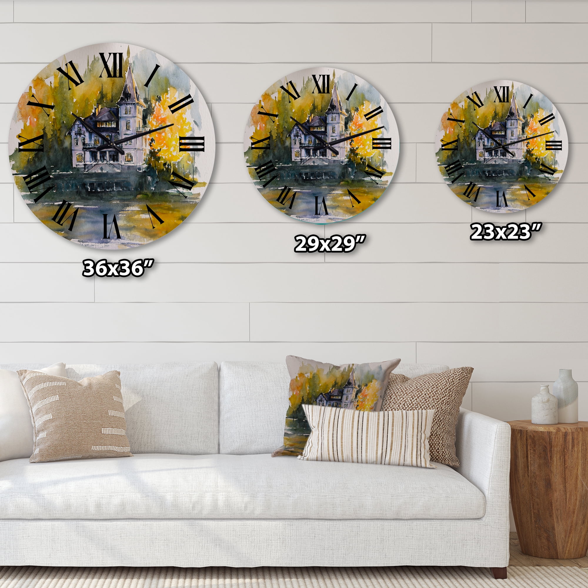 Designart 'Castle By The Lake With Autumn Trees' Lake House Wall Clock