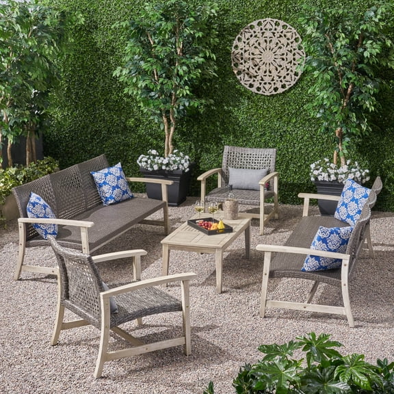 Beacher Outdoor 5 Piece Wood and Wicker Sofa Chat Set, Mixed Black