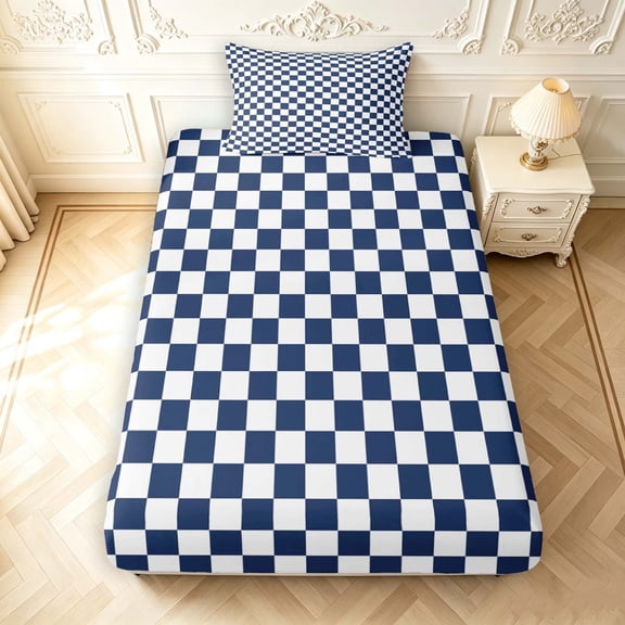 Manfei Contemporary Grid Twin Fitted Sheet,Checkered Art Bedding,Navy White,2pcs,1 Fitted Sheet and 1 Pillowcase