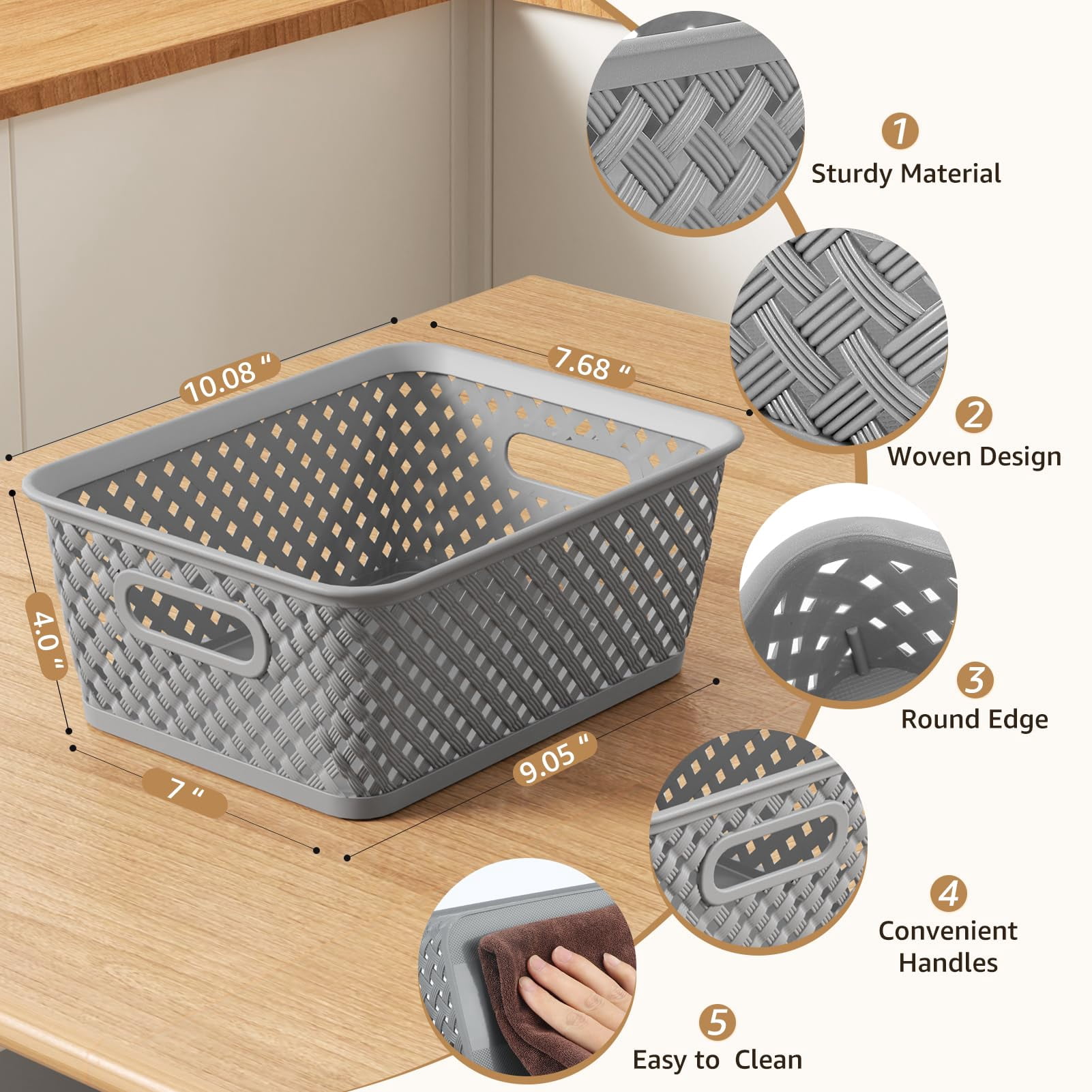 Medium Grey Plastic Storage Baskets 3 Pack For Home Office Organization