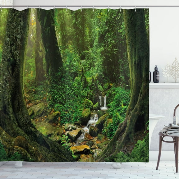 Nature Decor Shower Curtain, Wonderland Forest Nepal Asian Jungle Rainforests Habitat Wild Primeval Picture, Fabric Bathroom Set with Hooks, 69W X 70L Inches, Green, by Ambesonne