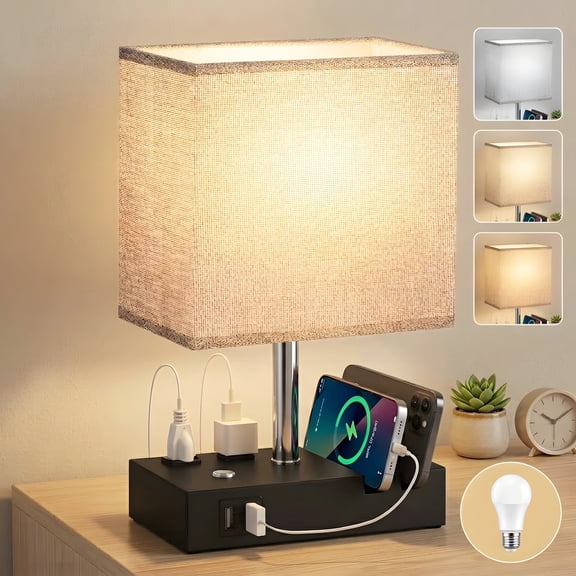 DAYBETTER Bedside Table Lamp , Dimmable Table Lamp with Touch Control & USB C A Charging Ports, 3 Color Temperatures for Bedroom, Living Room, Office