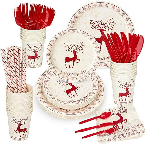 215pcs Christmas Plastic Plates - White And Red Plastic Plates with Red Garland include 25Dinner Plates-25 Salad Plates-25 Knives-25 Forks-25 Spoons-25 Cups-25 Napkins for Christmas Party