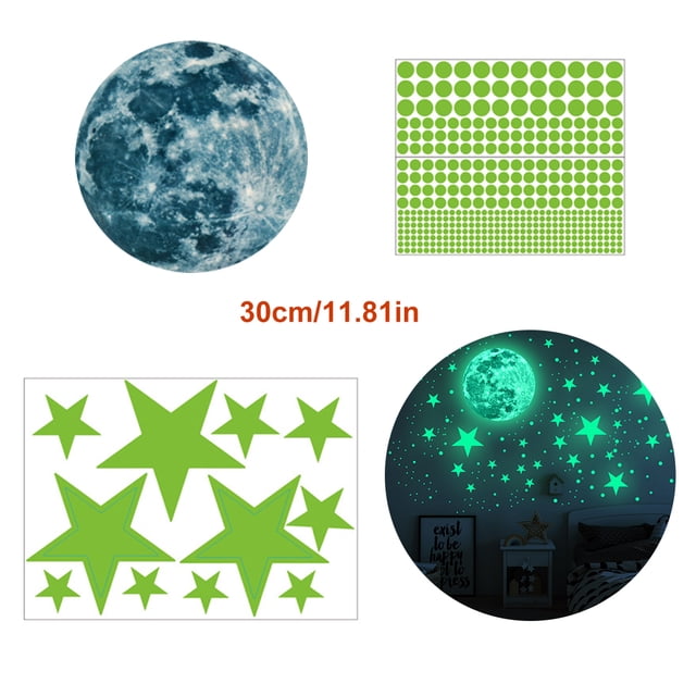 Pegatinas de pared 3D, pegatinas de pared con puntos luminosos y Luna, decoración de pared fluorescente y Luna para techo de dormitorio de guardería para niños