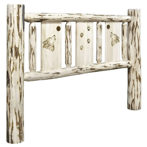 Montana Collection Twin Headboard w/ Laser Engraved Wolf Design, Clear Lacquer Finish