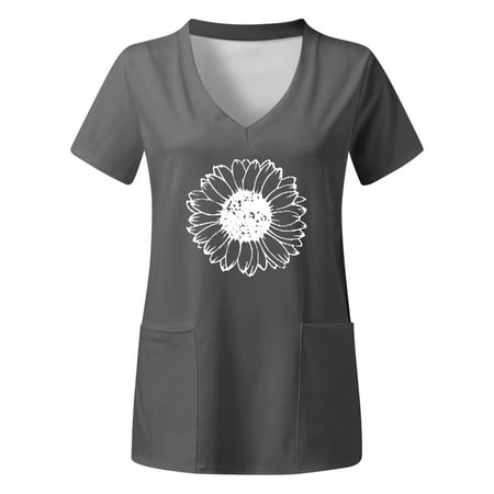 

Women Scrubs Tops Plus Size Top V Neck Short Sleeved Pockets Prints T Shirt Comfortable Nursing Uniform