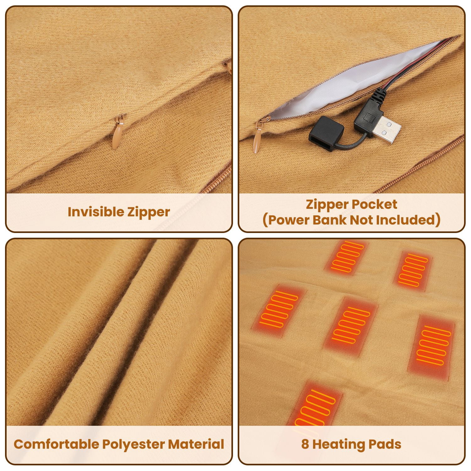 71"x24" Electric Heated Throw Blanket Portable USB Heated Shawl Wearable Heating Blanket with Zipper 3 Heating Levels Machine Washable Brown