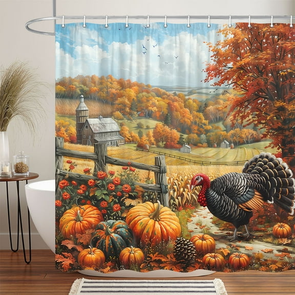 Rustic Fall Shower Curtain, Autumn Country Fields Harvest Art Shower Curtain Set, Thanksgiving Day Pumpkin Harvest Landscape Decor Farbirc Shower Curtain For Bathroom with 12PCS Hooks, 70X70IN