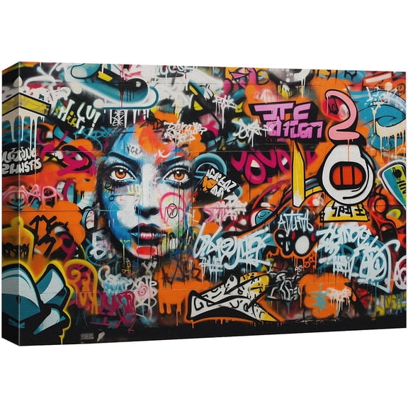 Wall26 Framed Canvas Wall Art Anime Style Face Graffiti & Street Art 80th Century Pictorial Urban Architecture Cityscape Grunge Dark Modern Art Decorative Abstract Geometric - 24"x36"