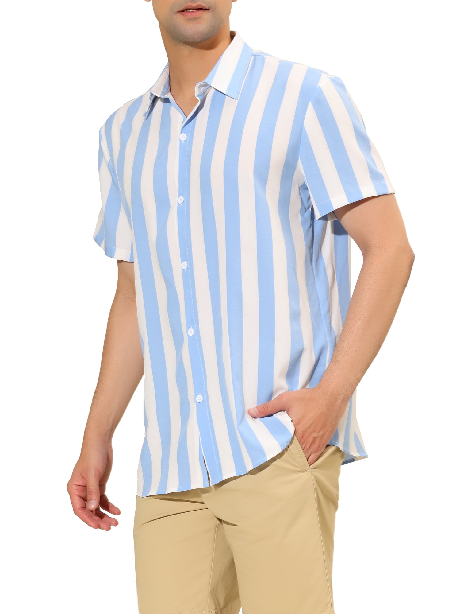 Unique Bargains Men's Short Sleeved Color Block Button Down Beach Stripe Shirt XL Light Blue