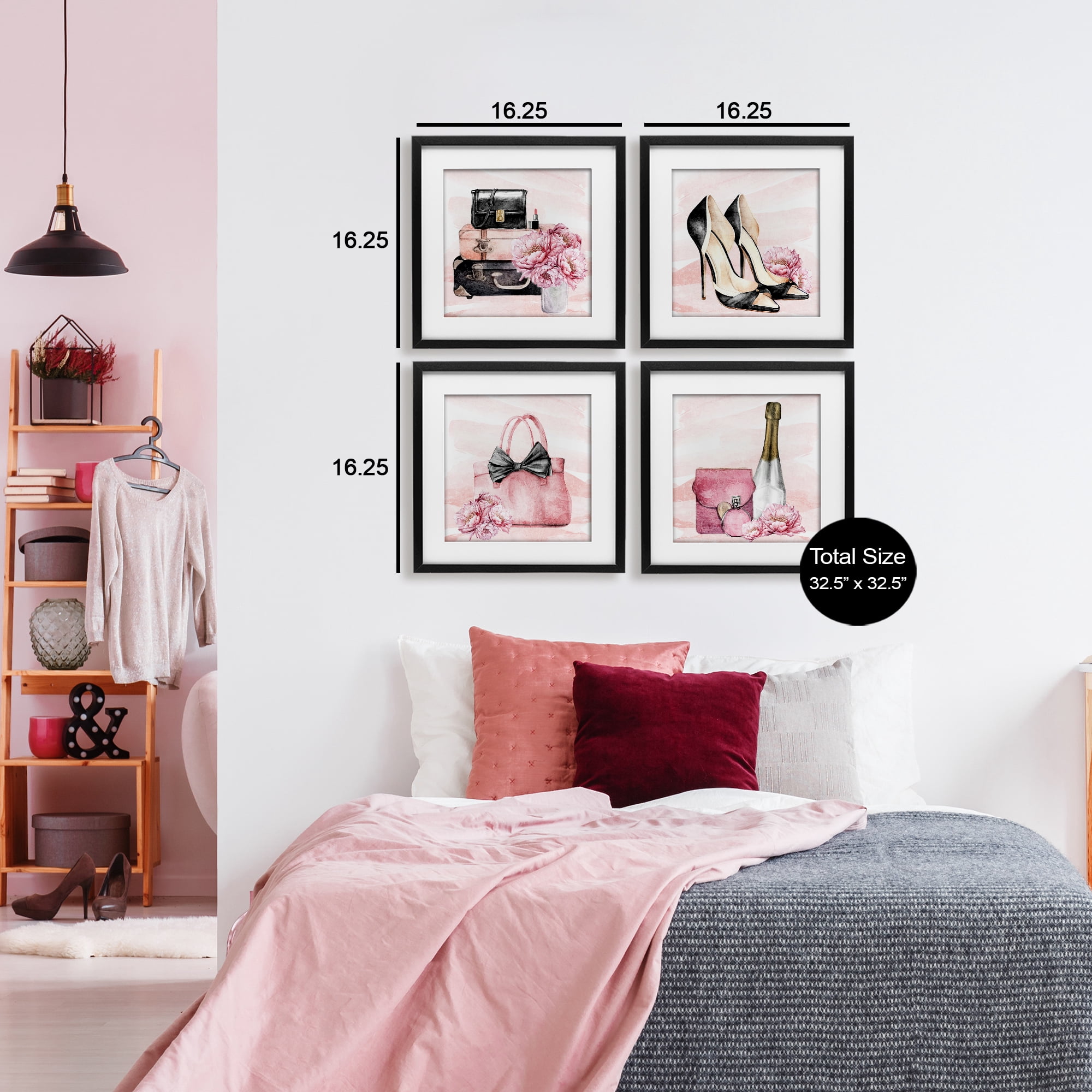 Stupell Industries Glam Time Accessories 4 Piece Black Framed Print Under Glass Set, design by Kim Allen