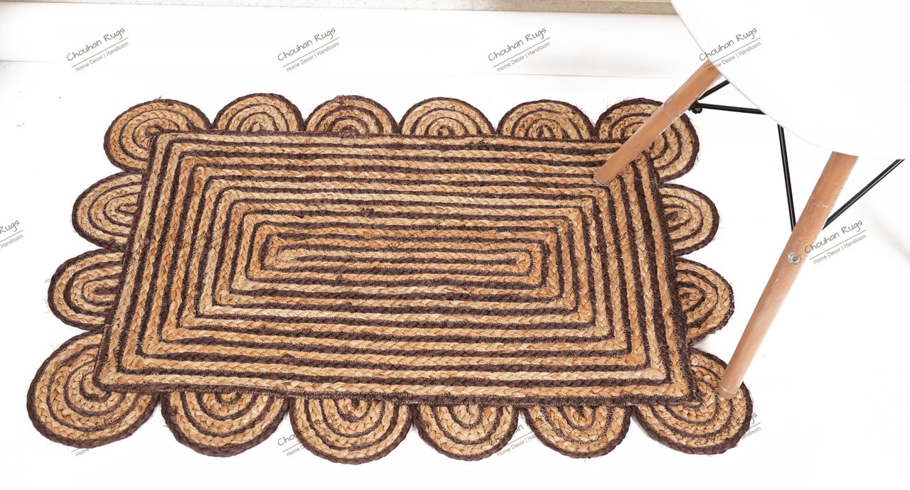 Rectangle Rug Natural Jute Rug Hand Braided Beige and Brown Color Stripes Line Area Rug