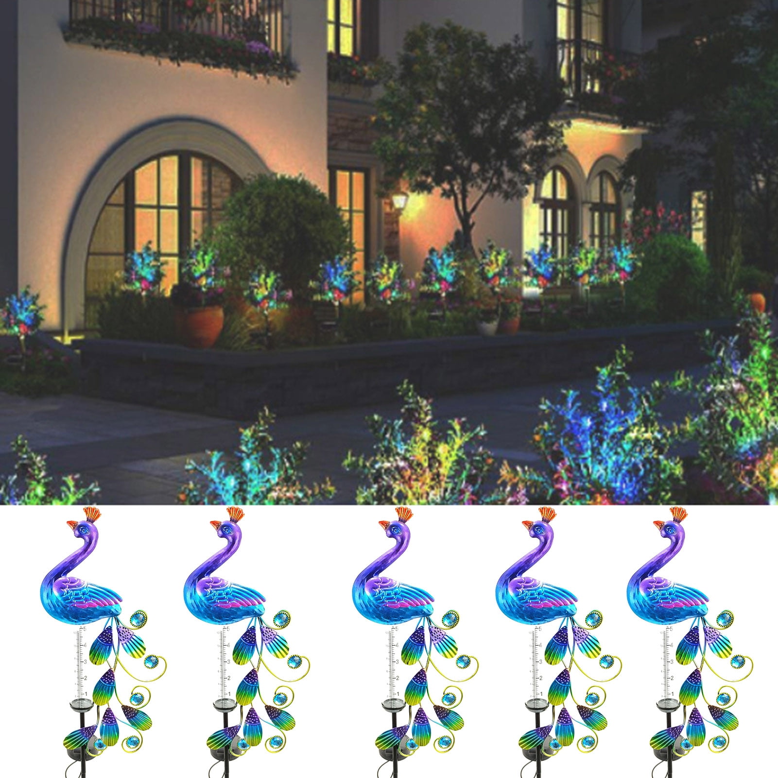 Hyasfey Solar Peacock Rain Gauge Outdoor Freeze-Proof Water Gauge Lighted Peacock Rainfall Indicator with Metal Stake for Garden Lawn Decor