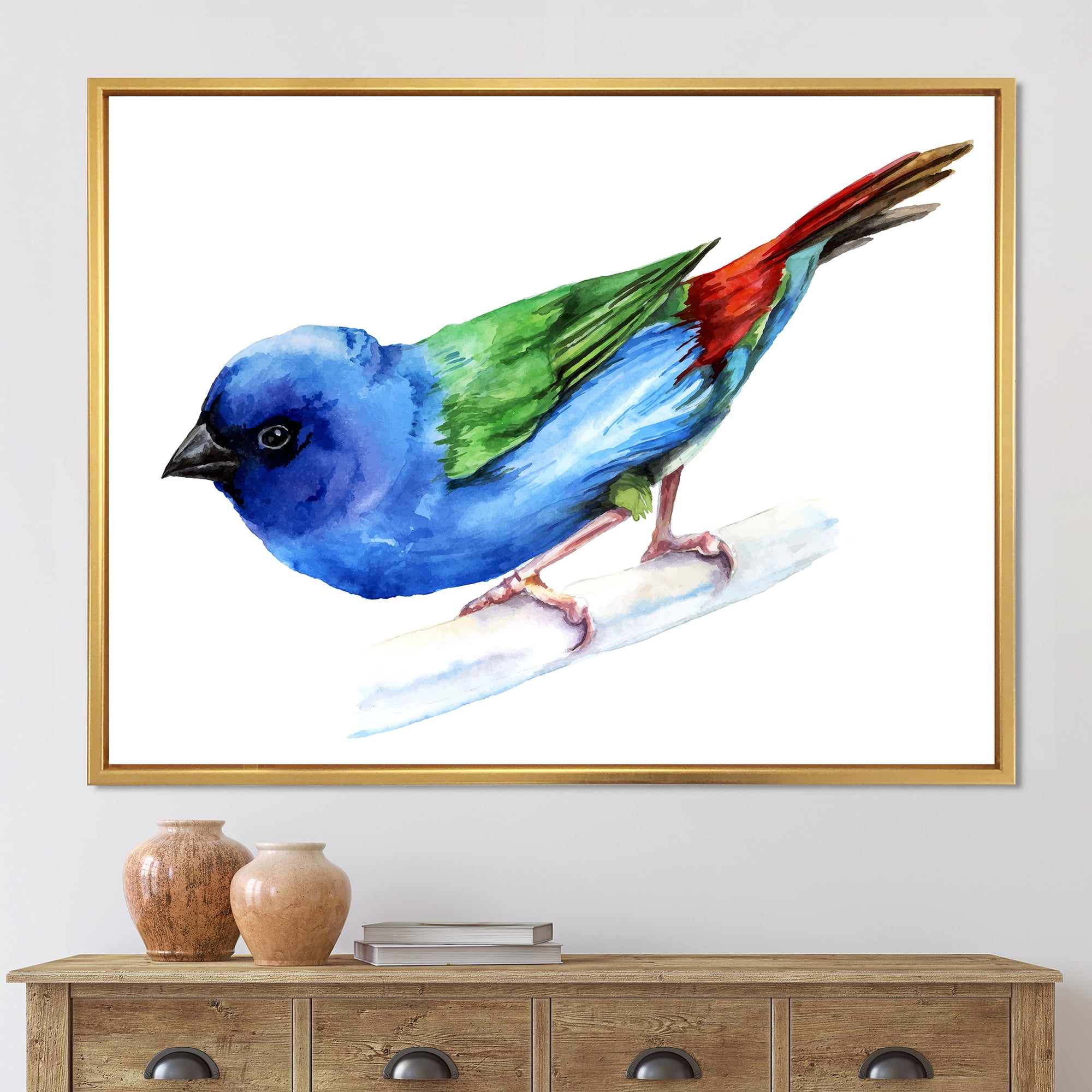 Forbes Finch Bird On Branch 32 in x 16 in Framed Painting Canvas Art Print, by Designart