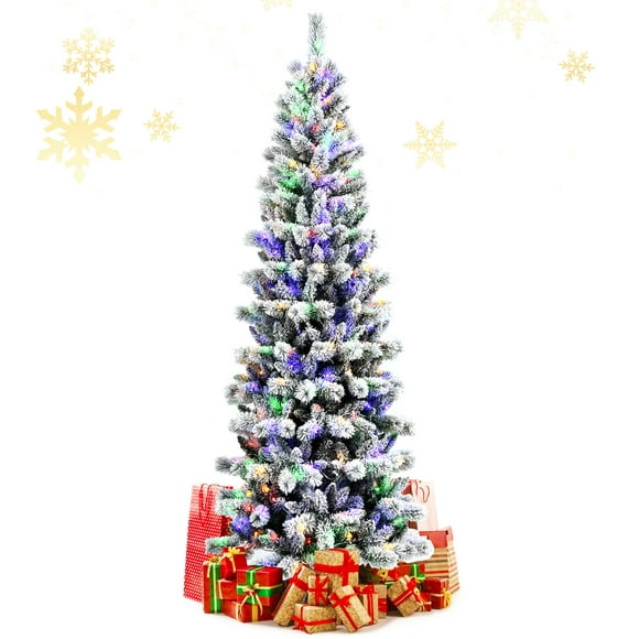 Topbuy 8FT Pre-lit Snow Flocked Christmas Pine Tree, Hinged Artificial Xmas Tree W/ 350 Remote-controlled Multi-Color LED Lights
