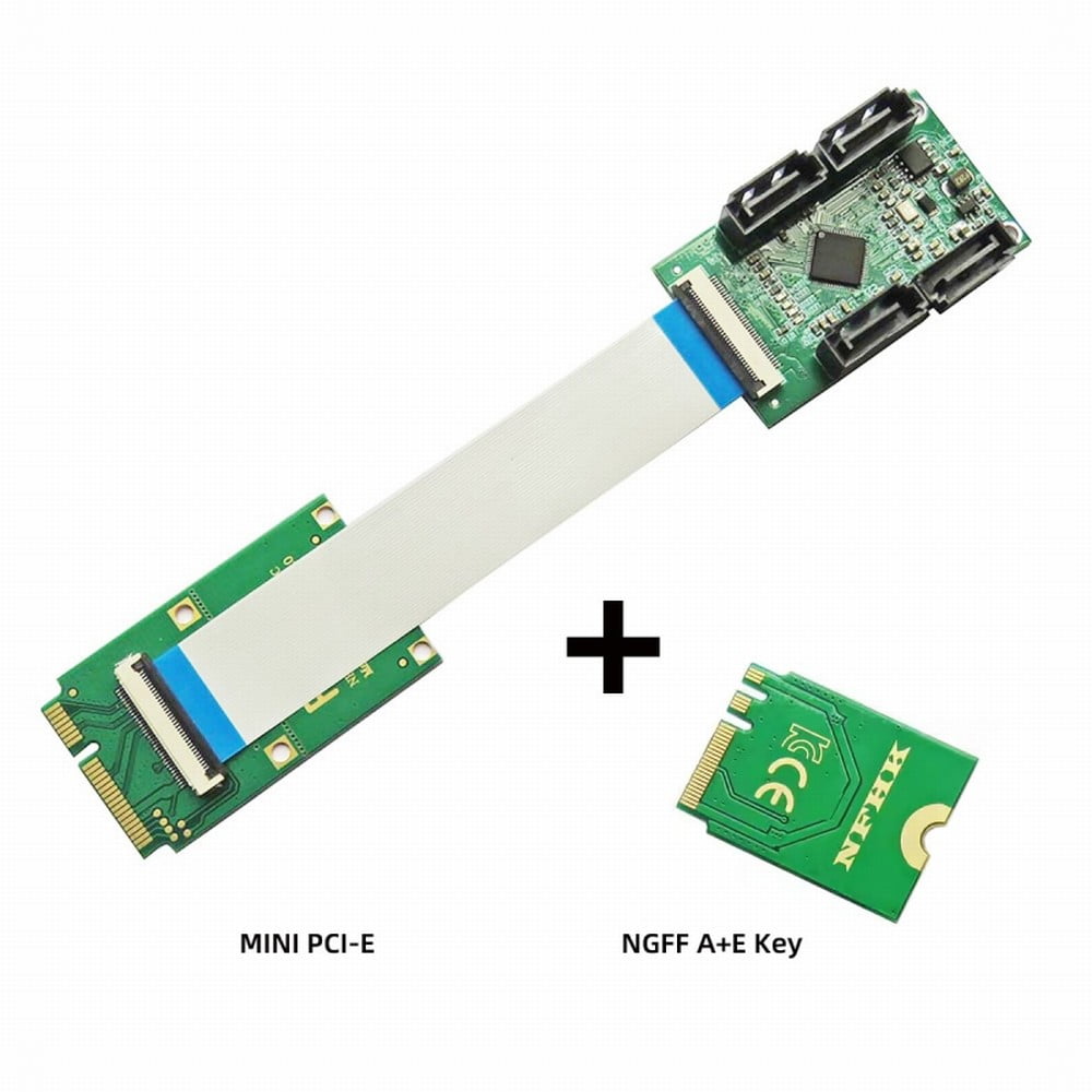 JSER Mini PCI-E PCI Express & NGFF A+E Key to SATA 3.0 Four Ports Adapter Cable 6Gbps Hard Drive Extension Card for SSD