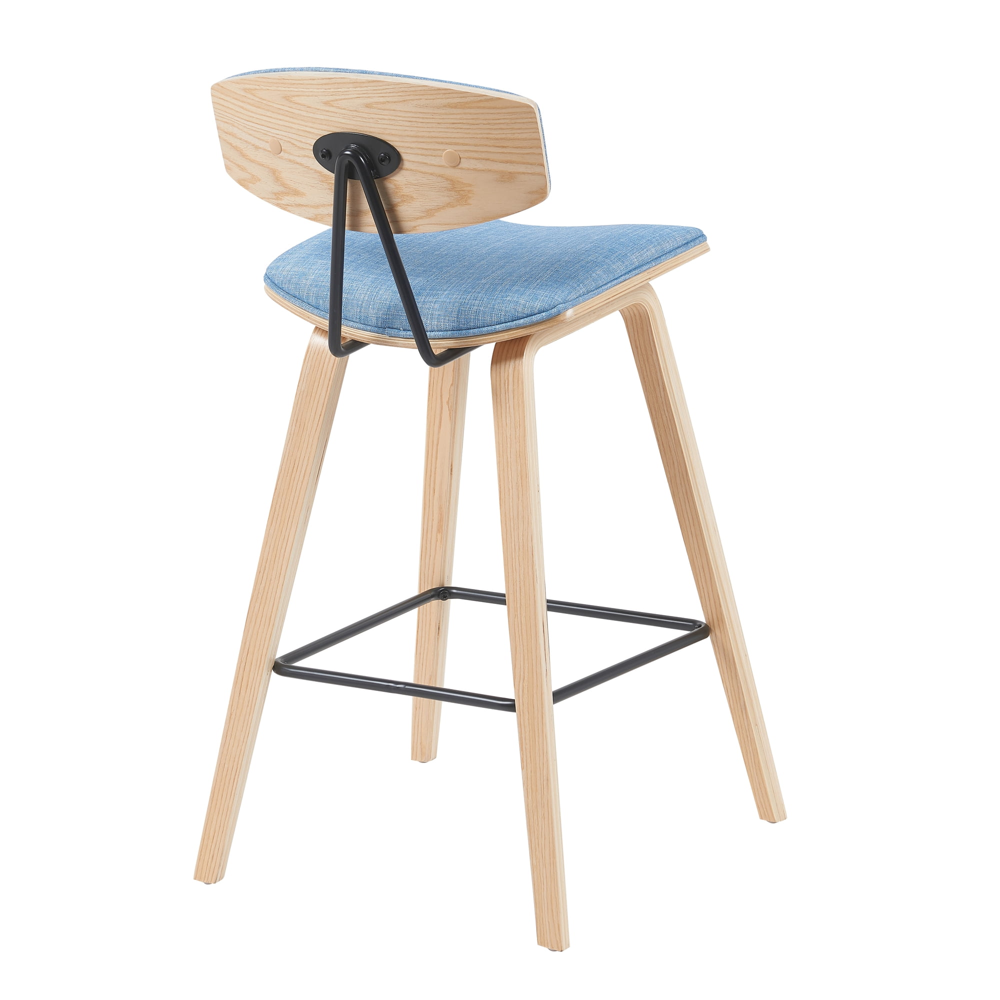 Fox Modern Swivel Counter Height Bar Stool with Light Blue Upholstered Seat and Patterned Oak Wood Frame