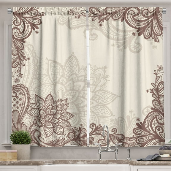 Ambesonne Folk Art Kitchen Curtains, Ornamental Lacework, 55"x24", Eggshell and Pale Redwood