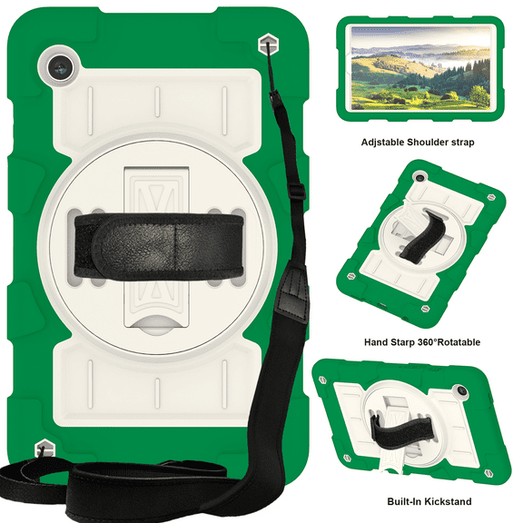 TECH CIRCLE Case for Galaxy Tab A9 (2023) 8.7" - Heavy Duty Protection Shockproof Sturdy Rugged Case with Adjustable Hand/Shoulder Strap & 360 Gegree Rotating Viewing Kickstand, Green