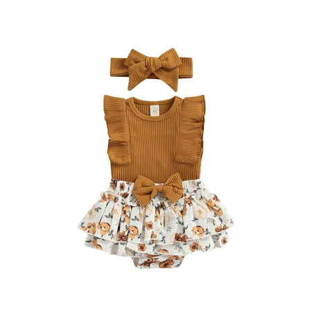 

Frobukio Toddler Baby Girls 3Pcs Outfit Sets Ruffle Trim Sleeveless Romper+Floral Printed Tutu Shorts Skirt+Headband Brown 9-12 Months