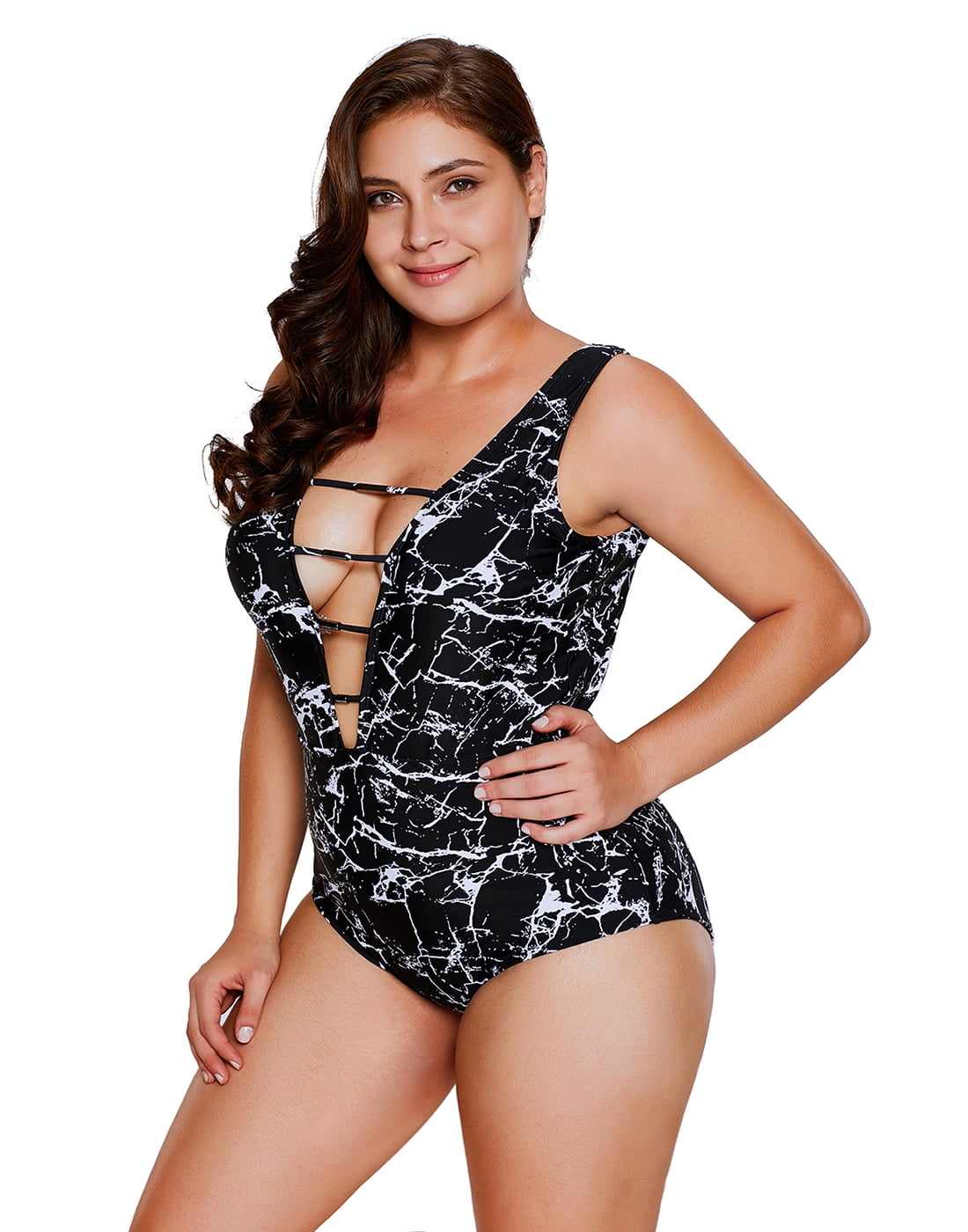 HDE Women's One Piece Bathing Suit Plunging Neckline Black White Marble