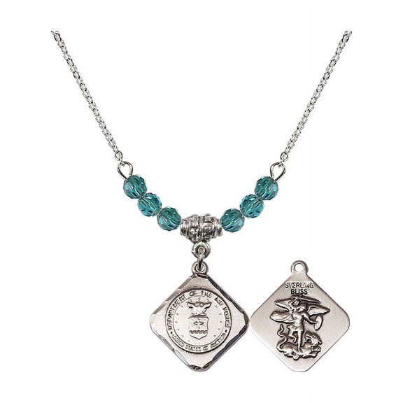 18-Inch Rhodium Plated Necklace with 4mm Blue December Birth Month Stone Beads and Air Force Diamond Charm