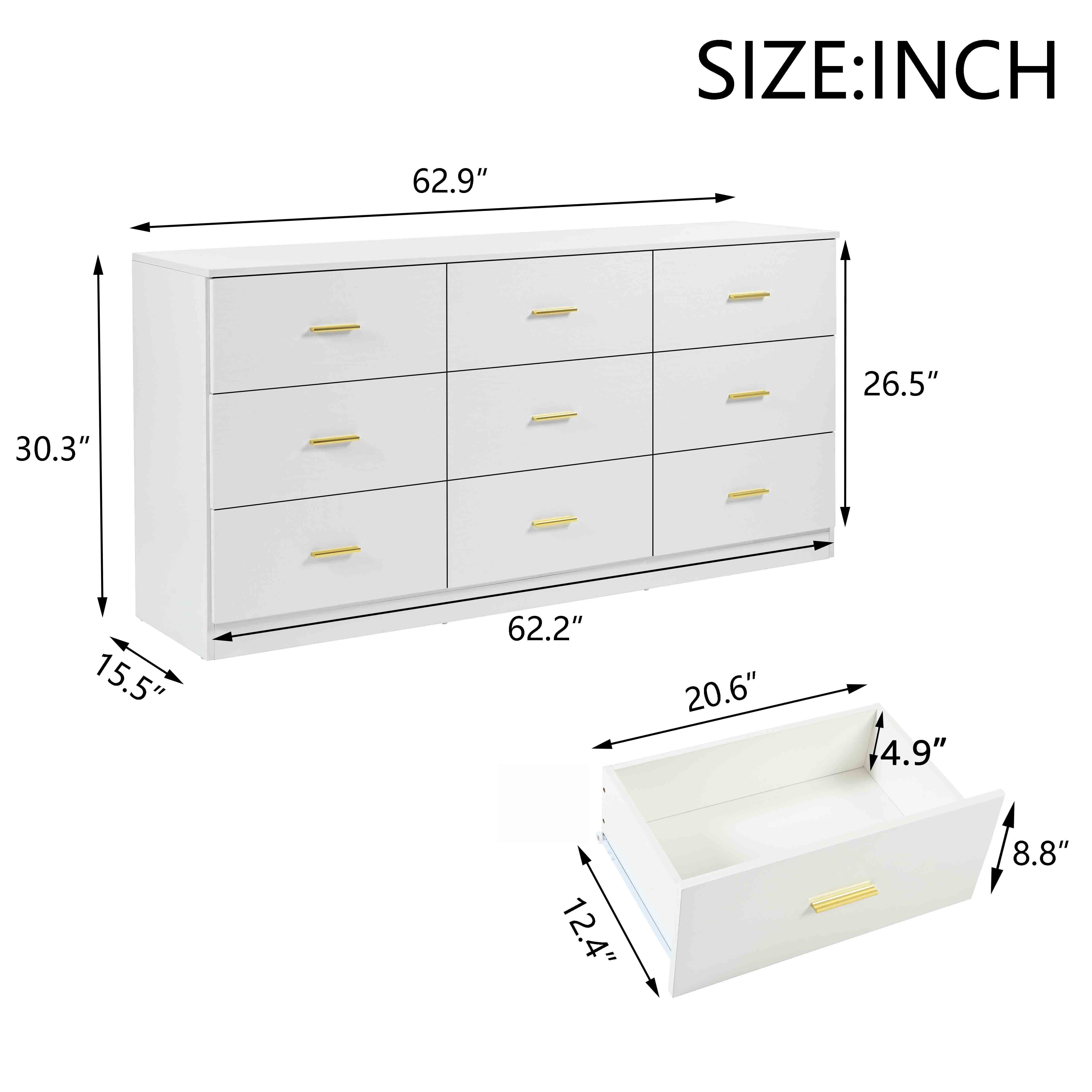 MAYEERTY Modern Natural 9-Drawer Dresser for Bedroom, Wide Chest of Drawers, White