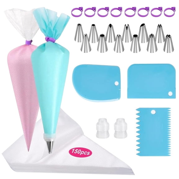 176 Pcs Piping Bags and Tips Set, Disposable Cake Decorating Bags Set with 150Pcs 12 inch Pastry Bags, 1 Reusable Piping Bags, 2 Couplers, 12 Frosting Tips, 8 Bag Ties, 3 Cake Scraper