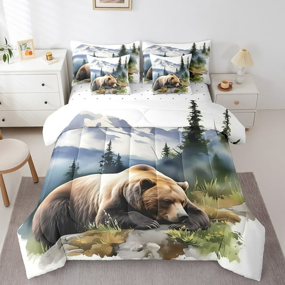 Erosebridal 3D Bear Print Bedding Sets Twin Size, Rustic Animal Comforter Sets with Sheets, Lodge Cabin Reversible Bed Set, Super Cozy Bedroom Decor, 7-Piece