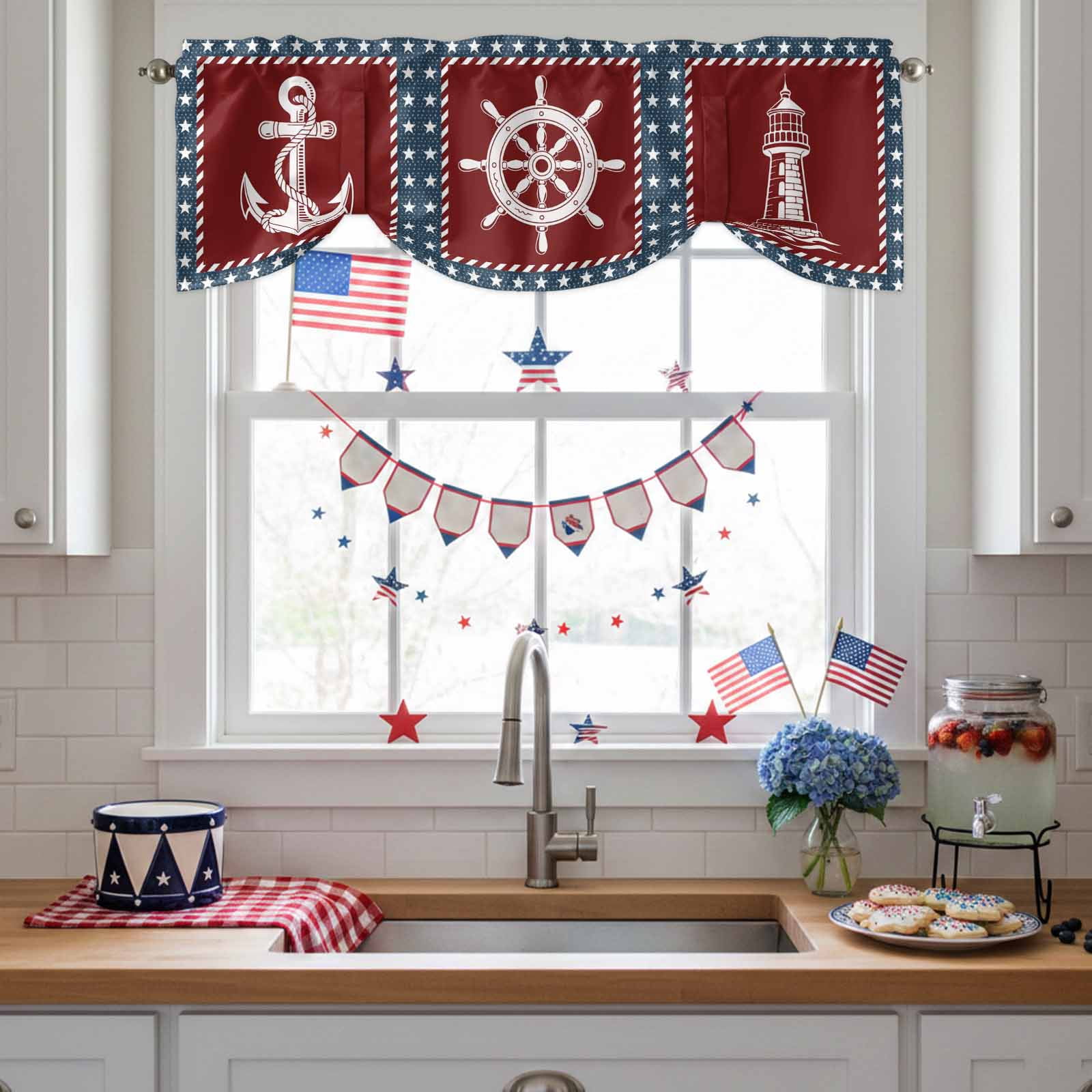 Independence Day Tie Up Valances Curtain, Adjustable Kitchen America Flag Star Ocean Lighthouse Anchor Rudder Valances for Windows Decor, Rod Pocket Short Curtains Set for Bedroom/Bathroom, 54"x18"