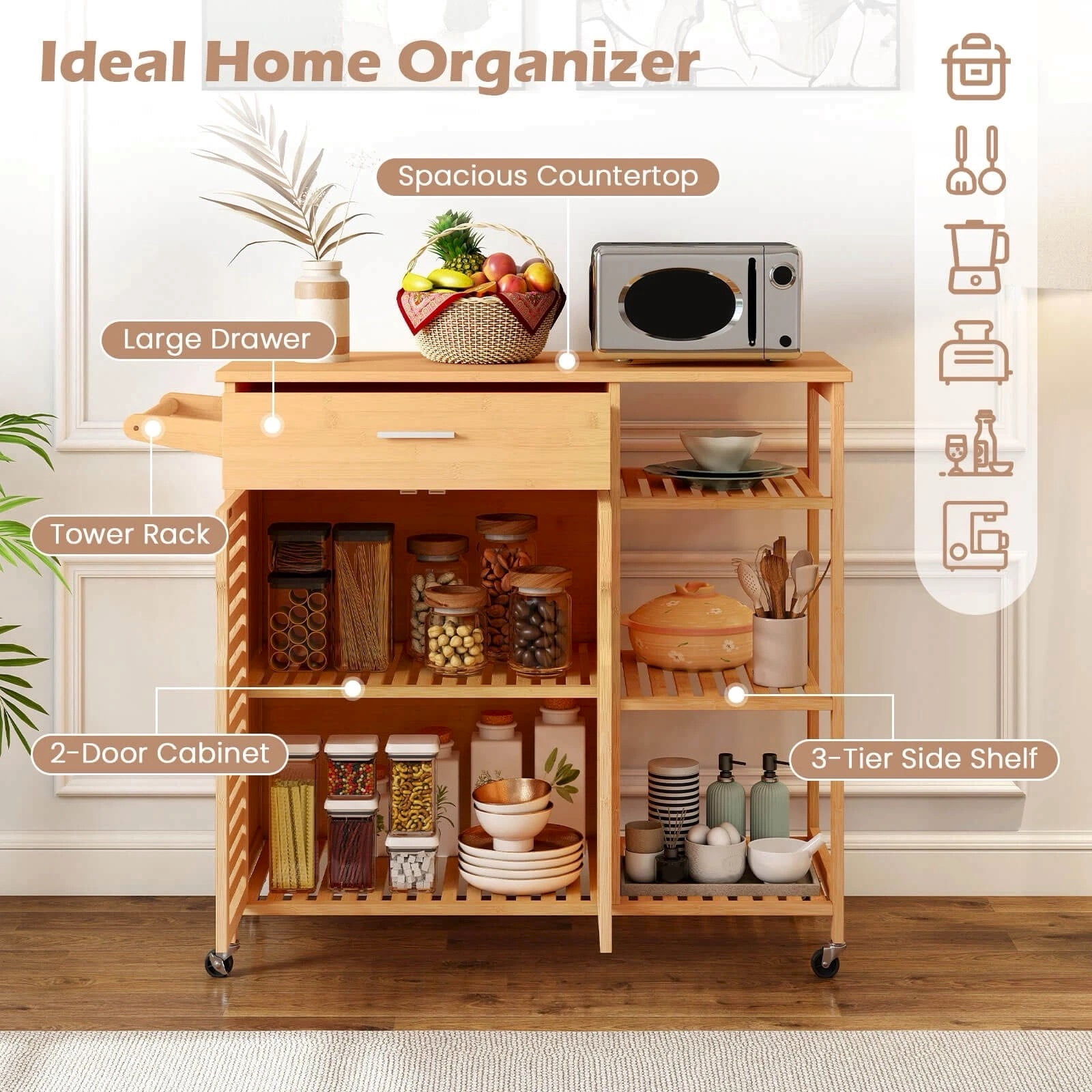 Harmijoy 35.5" Kitchen Island Cart, Bamboo Rolling Storage Sideboard w/ Lockable Wheels, Open Shelves, Towel Bar & 2-Door Cabinet